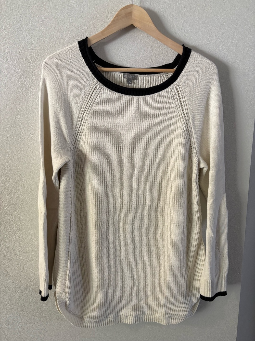 Preppy Tipped Rib Stitch Cream Black Trim T by Talbots Pullover Sweater Large